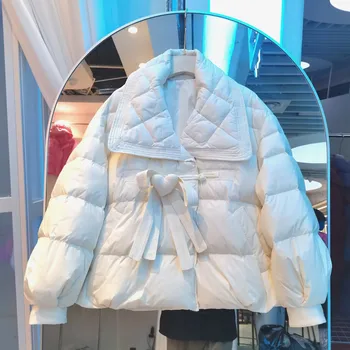 2023 Nauja, Moterų Žiemos Vientisos Spalvos Puffer Jacket Moteriška Prarasti Baltųjų Ančių Pūkais Atsistoti Apykaklė Kailis Dvigubo Breasted Parkas