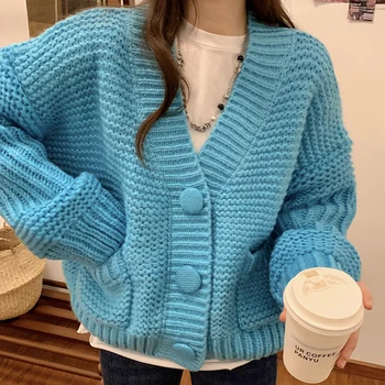 2023 Naujų Moteris Mados Megzti Megztinis Kailis Ponios Elegantiškas Mėlyną Cardigan Megztinis Moteriška Elegancija Derliaus Korėjos Rudens Žiemos