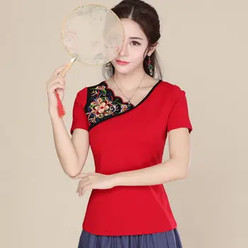 2023 vasaros siuvinėjimo, susiuvimo slim kinų stiliaus siuvinėjimų t-shirt moterų nacionalinės stiliaus nauji trumparankoviai moterų viršų