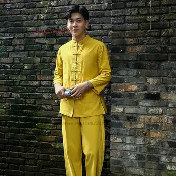 2024 m. kinijos tradicinės vyrų meditacija kostiumas derliaus medvilnės skalbiniai hanfu palaidinė+kelnės nustatyti rytų budistų kungfu chi rinkinys