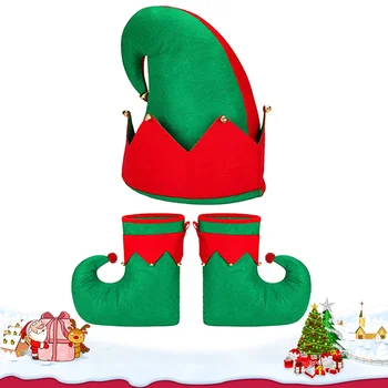 3 Vnt. Audinio Kalėdų Elf Batų ir Skrybėlės Praleisti Cosplay Kostiumai, Batai Medžiaga Chirstmas Cospaly