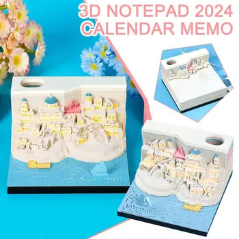 3D Memopad Kalendorius 2024 Kalendorius Santorini Mini 3D Notepad Blokas Su LED Pastaba Popieriaus Meno Stalinis Kalendorius Gimtadienio Dovanos