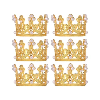 6Pcs Aukso Karūna Mini Tortas Topper Mažų Kristalų, Perlų Cupcake Rėžtuvės Tiara Maži Keksiukai vainikėliu Vestuvių, Gimtadienio