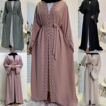 Arabų Turkija Dubajus Karoliukai Atidaryti Abaja Moterų Musulmonų Kimono Megztinis Maxi Suknelė Islamas Drabužių Jalabiya Skraiste Ramadanas Eid Caftan Suknelė
