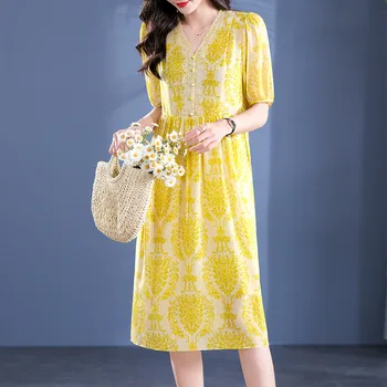 Birdsky, 1PC Moterų nėrinių suknelė V kaklo pusė rankovės 100% realių mulberry šilko geltona spausdinti