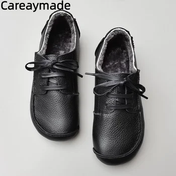 Careaymade-natūralios odos Avikailio, vilnos moteriški batai žemas viršų nėrinių butas minkštas karvės sausgyslės vienintelis šiltas medvilnės žiemos batai