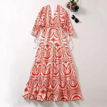 Europos ir Amerikos moterų drabužių 2023 m. rudenį naujų V-kaklo, Trijų ketvirčių rankovėmis raudona spausdinti mados Plisuotos suknelė, XXL