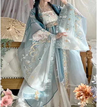 Hanfu Suknelė Moterims Gradientas Mėlyna Aukštos kokybės Siuvinėjimo Tradicinės Kinų Derliaus Hanfu Rinkiniai Moterų Karnavalas Cosplay Kostiumas