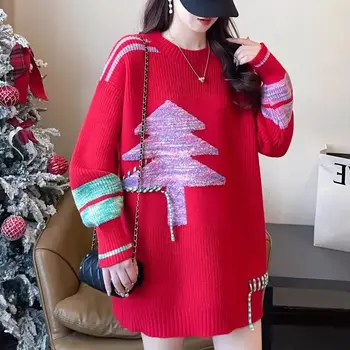 Hsa Vidutinio ilgio Kalėdų raudona megzti dugno marškinėliai moterims Šiltas nauja rudens ir žiemos naujas amžius-sumažinti universalus tingus stilius