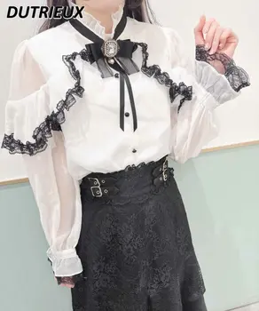 Japonijos Lolita Rojita Moterų Saldus Viršuje Stovėti Apykaklės, Užsiliepsnojo ilgomis Rankovėmis Prarasti Nėrinių Palaidinė Pavasario Camisas Dugno Marškinėliai