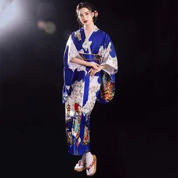 Japonų Kimono Su Obi Satino Moterų Chalatas Suknelė Vintage Cosplay Kostiumų Yukata Moterų Kostiumai V-kaklo Vakare Šalies Prom Dress