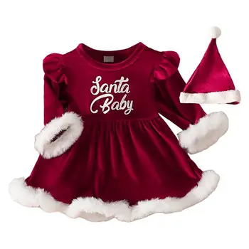 Kalėdų Bamblys Kūdikiams, Vaikams, Kūdikių Mergaitės Raudona Suknelė ilgomis Rankovėmis-line Suknelės Ir Skrybėlę Mielas Kalėdų Apranga
