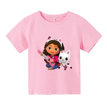 Kawaii Gabby Lėlių T-shirt Vaikams Mergaitė Animaciją Tees Anime Vasaros Top Teminius Gimtadienio Drabužius, O-kaklo trumpomis Rankovėmis Dovana
