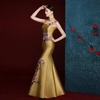 Kinijos Vakare Šalis Suknelė Qipao Cheongsam Ponia Undinė Oficialų Šalis Suknelė Išskirtinį Siuvinėjimas, Aplikacijos Vestidos De Festa 4XL