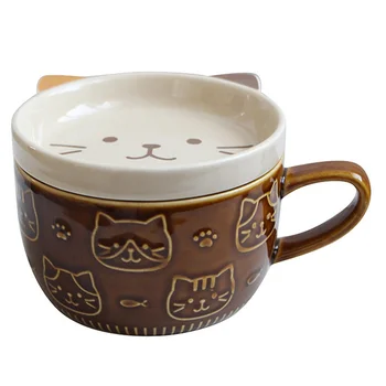 Kūrybinės Keramikos Kavos Puodeliai su Dangteliu Cute Kačių Puodelis Šeimos Pusryčiai Pieno Sulčių Gėrimų Taurės(Ruda)
