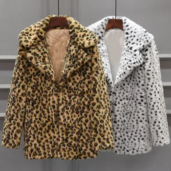 Leopardas Spausdinti Dirbtiniais Kailinius Rudenį, Žiemą Šilta Thicekn Ilgomis Rankovėmis Atvartas Vilnos Švarkai Gatvės Mados Purus Outwear Cardigan