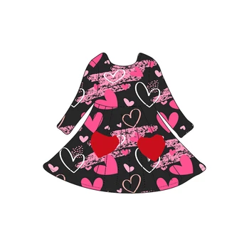 Madingi vaikiški drabužiai mergaitėms baby boutique karšto pardavimo meilės kišenėje suknelė naujagimių didmeninė mielas suknelė vaikiška suknelė