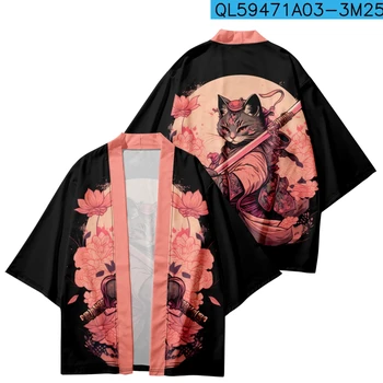 Mados Paplūdimio Yukata Japonų Animaciją Kačių Samurajus Spausdinti Megztinis Kimono 2023 Moterys Vyrai Harajuku Haori Cosplay Marškinėliai