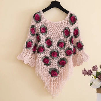 megztų Megztinių Rožės Kablys Gėlės moterims Tuščiaviduriai 3D gėlių Megztinis Viršūnes Palaidinė