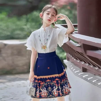 Ming Dinastijos Kinų Hanfu Suknelės Mergina Pagerino Mados Stovėti Apykaklės Trumpas Rankovės Marškinėliai Triušis Spausdinami Trumpi Žirgų Veido Sijonas
