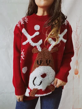 Moteriški Kalėdinis Megztinis Megztinis Atsitiktinis ilgomis Rankovėmis Crewneck Briedžių Sniego Spausdinti Megztiniai Megztinis Viršūnes Palaidinė