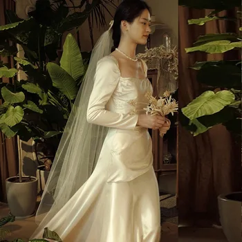 Moterų Ilgas Rankovėmis Vestuvių Suknelė Vestuvių Prancūzijos Balta Slidinėti Šalies Kamuolys Suknelė Vestidos De Noiva