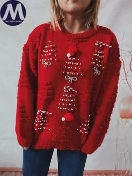 Moterų Megztinis Rudens/Žiemos Naujų Dirbtinių Perlų Kalėdos O Kaklo Megztiniai Viršūnes Mados Atsitiktinis Palaidų Naujųjų Metų Megztiniai (Puloveriai