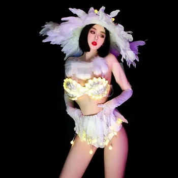 Naktiniame klube Bar Gogo Šviesos LED Kostiumas Seksualus Pirmaujančių Šokėja Veiklos Drabužius Balta Plunksna Bikini Didelis Skrybėlę Šalies Komplektai