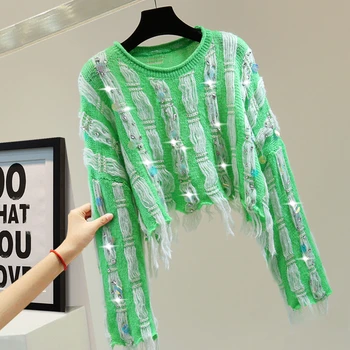 Nereguliarus Žalias Apačia Spalvų Džemperis Moterims Ilgomis Rankovėmis 2023 Dryžuotas Krištolas Dygliuotos Blizgančiais Kutas Aukšto Juosmens Trumpas Megztinis