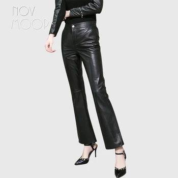 Novmoop office lady žiemą, pavasarį, juoda, avikailio natūralios odos kelnės atgal elastinga priekiniai mygtuką dekoro spodnie pantalon LT2984