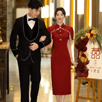 Nuotaka Taurę Raudonojo Kinijos Vestuvių Suknelė Moterims Cheongam Šalis, Kinijos Suknelės Nėriniai Kutas Qipao Derliaus Vestidos Rytietiški Kostiumai
