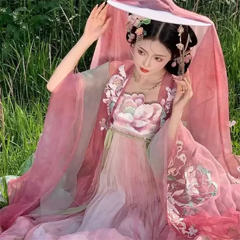 Pavasario Tradicinės Kinų Drabužiai Moterims Pilnas Komplektas Didelis Rankovėmis Palaidinė Lotus Išsiuvinėti 4.5 M Sijonas Rožinė Hanfu Pasakų Suknelės