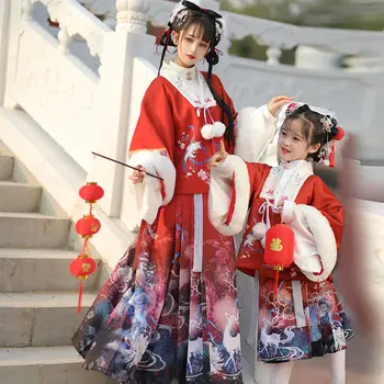 Pavasario Šventė Hanfu Suknelės Rinkiniai Moterims Ir Vaikams, Kinų Tradicinė Elegancija Pliušinis Siuvinėjimo Tėvų-Vaikų Princesė Kostiumai