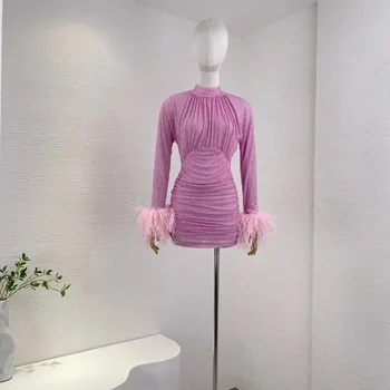 Pink Deimantai Plunksnų Mini Suknelė Aukščiausios Kokybės Puoštas Slim Ilgomis Rankovėmis Moterims Drabužių