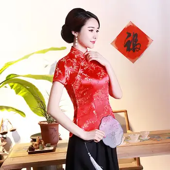 Plonas Palaidinė Mygtukai Moterų Kinijos Slyvų Žiedų Trumpas Rankovės Stovėti Apykaklės Marškinėliai