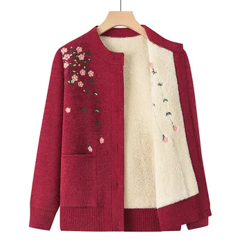 Plus Size 6XL Moterų Žiemos Ilgos Rankovės Viršutiniai drabužiai vidutinio Amžiaus Mezgimo Megztinis Džemperis Moterims Gėlių Siuvinėjimas, Drabužių Viršų