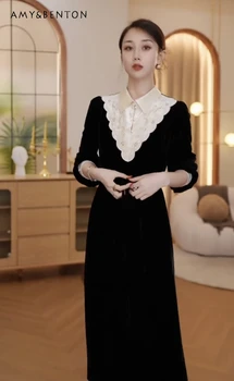 Prancūzijos Elegantiškas, Aukštos kokybės Išsiuvinėti Susiuvimo Atvartas, Slim-Fit Aksomo Suknelė Moterims Žiemos Naujas Grakštus Mados Suknelės Vakarienė