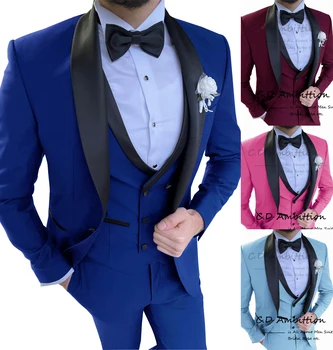 Royal Blue spalvos Švarkas Masculino Slim Fit 3 dalių Kostiumą Vyrų Skara Atvartas Jaunikis Vestuvių Suknelė Oficialų Elegantiškas Smokingas Kostiumas Homme