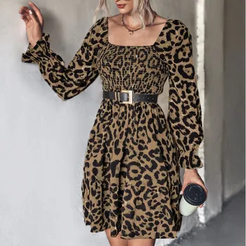 Rudenį Naujų Mados Slim Fit Kasdien High Street Moterų Suknelė-Klasikinis Užsegimas Leopardas Spausdinti Ilgomis Rankovėmis Femme Vestido Be Diržo