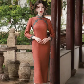 Rudenį Rankų Darbo Mygtukai Septynių Taškų Rankovės Qipao Kinijos Moterims, Mandarinų Apykaklės Cheongsam Elegantiškas Kasdien Suknelė