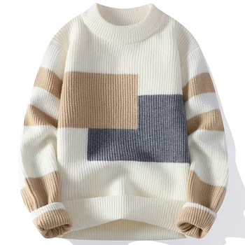 Rudenį, Žiemą Naujas Vyrų Crewneck Sweater Mados Japonijos Skyriuje Spalva Susidūrimas Kratinys Megzti Megztinis Šiltas, Jaukus Megztiniai