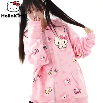Sanrio Mielas Hello Kitty Spausdinti Moterų Hoodies Nauja Rudens Žiemos Saldus Mergina Užtrauktukas Cardigan Y2k Preppy Prarasti Universalus Palaidinukė