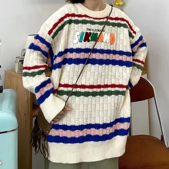 Streetwear 90-ųjų Derliaus Dryžuotas Džemperis Moterims, American Retro Negabaritinių Raštą Megzti Viršų Harajuku Atsitiktinis Megzti Viršų Moteriška