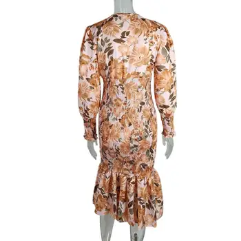 Tampri Lady Suknelė Elegantiškas Gėlių Spausdinti Žibintų Rankovės Moterų vakarinę Suknelę su Gilia V-Kaklo, Elastinga Juosmens Stilingas Mid-calf