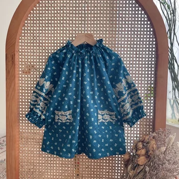 Vaikų Suknelės rudens-Žiemos 2023 Retro Kolekcija, Tamsiai Mėlynos spalvos, Siuvinėta Mergina Raišteliu Suknelė