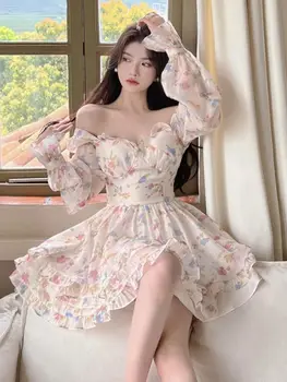 Vasaros Sweet V-Kaklo Gėlių Šifono Suknelė Moterims, Elegantiškas Ilgomis Rankovėmis Raukiniai Šalis Mini Suknelės Moterų Korėjos Prašmatnus Slim Vestidos