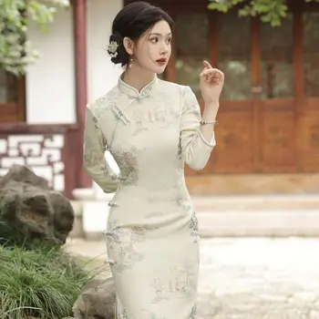 Yourqipao 2023 M. Rudenį Naujų Šeniliniai Išsiuvinėti Ilgai Cheongsam Kinijos Tradicinės Ilgos Rankovės Ilgos Vakarinės Suknelės Moterims