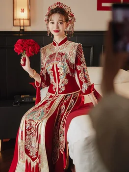 Šiuolaikinės Duobute Cheongsam Elegantiškas Blizgančiais Kutai Qipao Kinijos Tradicinių Vestuvių Suknelė Rytų Taurę Drabužiai