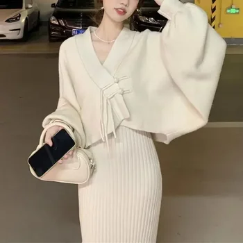 Žiemos Elegantiškas 2 Gabalas Megztinis Sukneles Nustatyti Moterų Prarasti Šiltas Megztas Bodycon Kostiumas Moterų Atsitiktinis Korėjos Mados Chic Streetwear